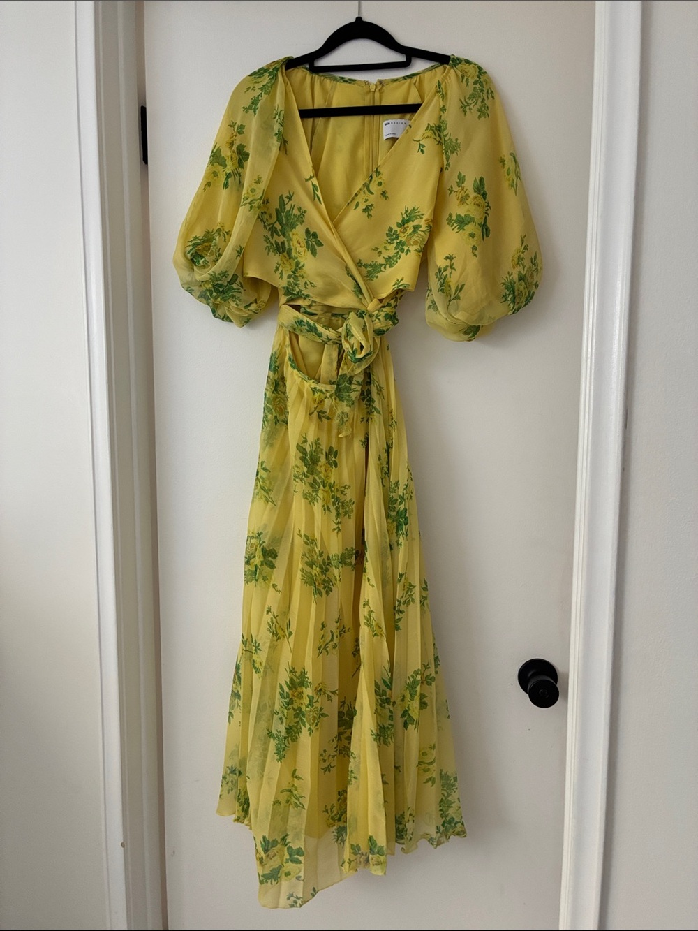 ASOS Yellow Floral Wrap Midi spring Dress with Green Print